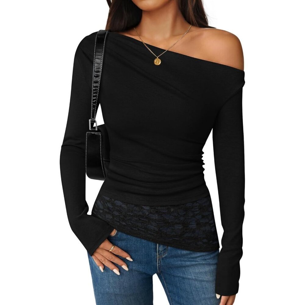 Women's Off Shoulder Black Long Sleeve Top Casual Lace Slim Fit Fall Y2K Blouse